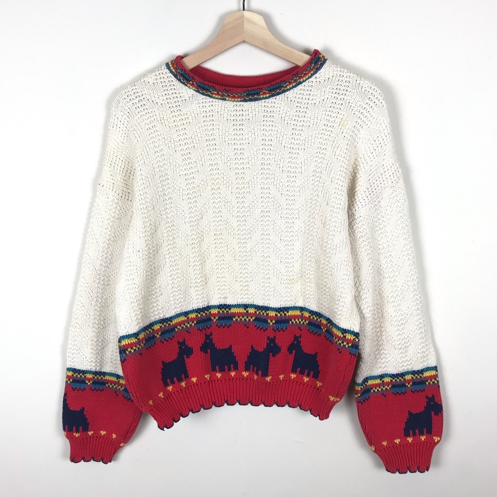 VINTAGE Scottie Dog Cream and Red Knit Sweater - M
